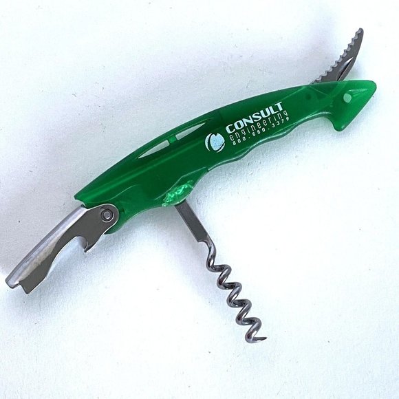Consult Engineering Ad Green Plastic Stainless Bottle Opener Corkscrew Knife - Picture 1 of 13